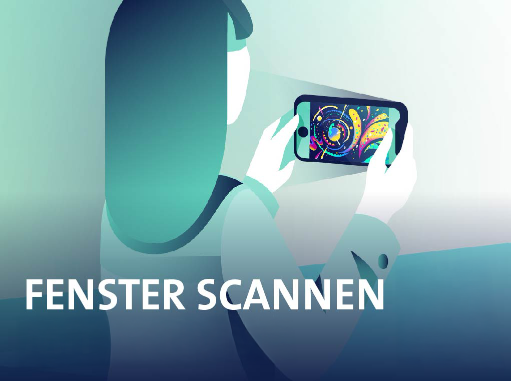 Illustration einer Frau von hinten mit Mobiltelefon in der Hand und das AR‑Fenster scannt.