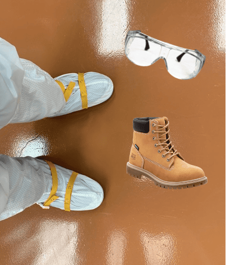Protective suit, safety goggles, army boots