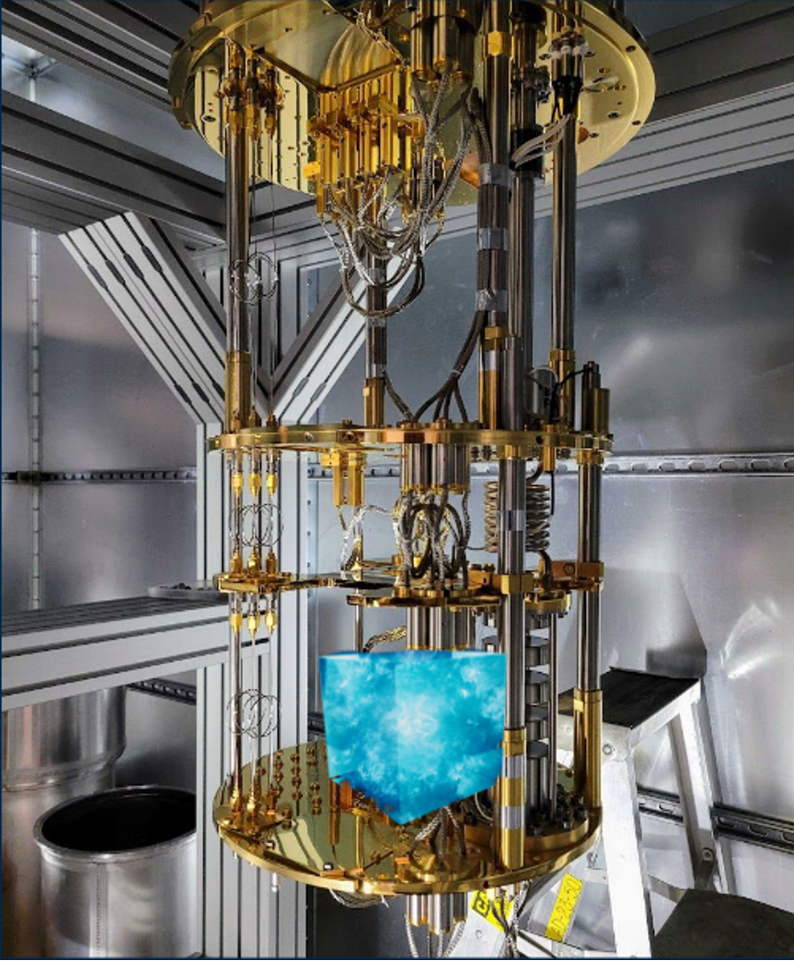 A suspended copper rod structure with a blue rectangle in the centre