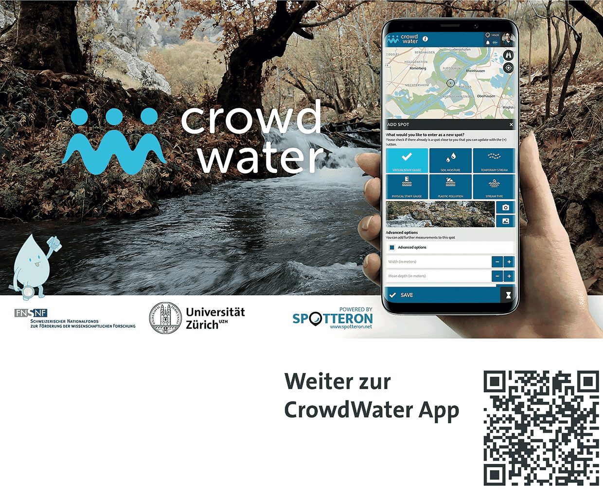 CrowdWater App Vorschau with QR-Link: crowdwater.ch/de/crowdwaterapp-de/