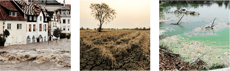 Flooded houses, dried-up fields, polluted waters.