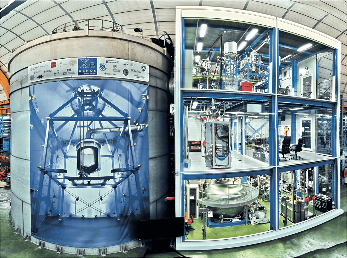 Wassertank mit aufgehängten Stahltank, der Detektor enthält.